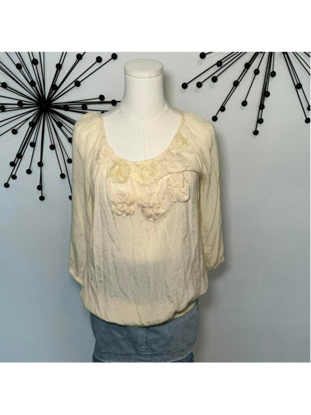 Light yellow lace floral boho blouse sheer flowy top